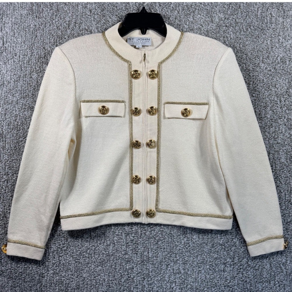St. John Collection Knit Jacket Cream Gold Trim Military Button Women Large